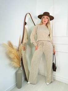 WOMEN'S WINTER MOUSSE KNITTING SET WITH PANTS AND BRAIDED BLOUSE - Beige - View 2