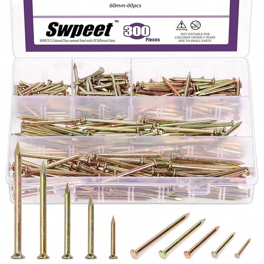 300Pcs 5 Sizes 3/4\ 1-1/4\ 1-3/5\ 2\ 2-3/8\ Colored Zinc Hardware Nails Assortment Kit,Steel Nail, Galvanized Nails, Small Nails, Finishing Nails, Wall Nails, Wood Nails, Nails For Concrete - 豐富多彩的 - 查看 1