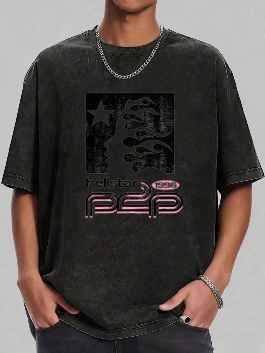 Hellstars 1996 PPP Flame Profile Y2K Washed Print Round Neck Short Sleeve T-Shirt, 230g 100% Cotton T-Shirt, Summer Clothes, Men's Tops, Casual And Comfortable, Fashionable Graphic Tee, Unisex Style - Black - View 1