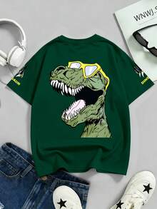 青少年男孩“恐龙”字母和爪子印花圆领T恤，男孩夏季新款服装 - 墨綠色 - 查看 1
