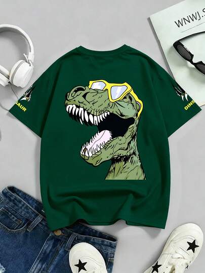 青少年男孩“恐龙”字母和爪子印花圆领T恤，男孩夏季新款服装