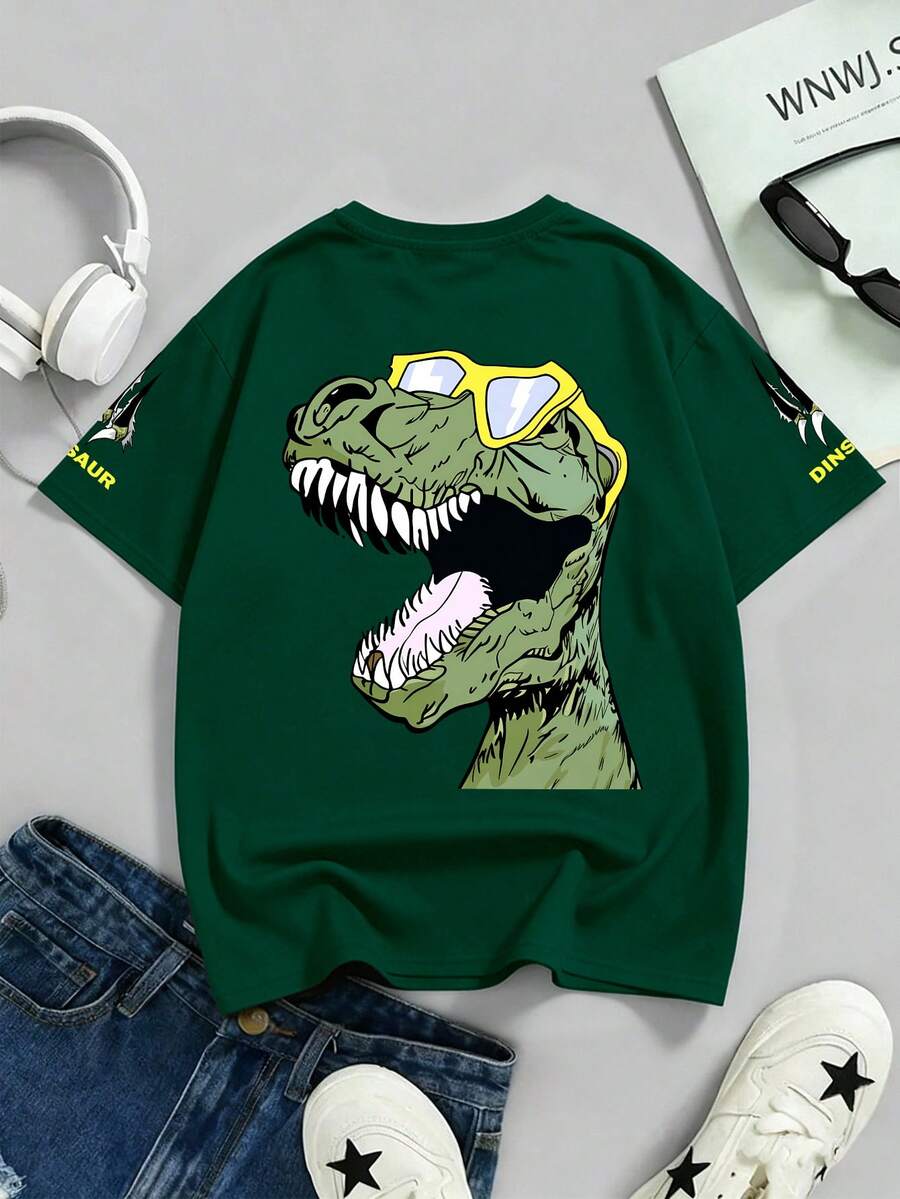 青少年男孩“恐龙”字母和爪子印花圆领T恤，男孩夏季新款服装 - 墨綠色 - 查看 1