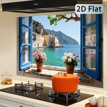 1pc 2D Self-Adhesive Kitchen Wall Sticker | Open Window Seaside Town Seascape With Blue Frame And Flowers, Removable Kitchen And Living Room Splash-Proof Wallpaper, Glossy Vinyl - Style 1 - View 11
