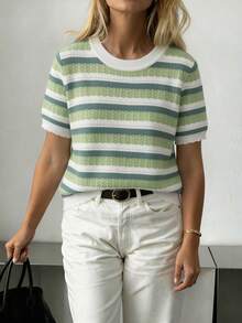 GIGOGOU 新款女士夏季条纹短袖镂空针织T恤休闲款 - 軍綠色 - 查看 6