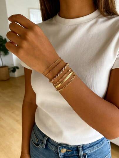 6件套女士镀金叠戴手链套装，精致可叠戴金链手链包，防水首饰