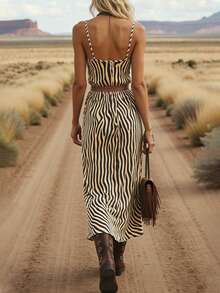 女士时尚百搭休闲优雅斑马纹V领无袖开衩连衣裙，春夏款 - 彩色 - 查看 7