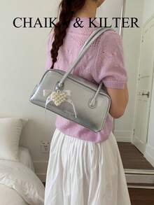 CHAIKA & KILTER 1件装纯色PU材质单肩包，复古时尚哑光保龄球包，撞色缝线，双提手，拉链封口，适合日常和户外使用（附赠吊坠） - 銀色 - 查看 8