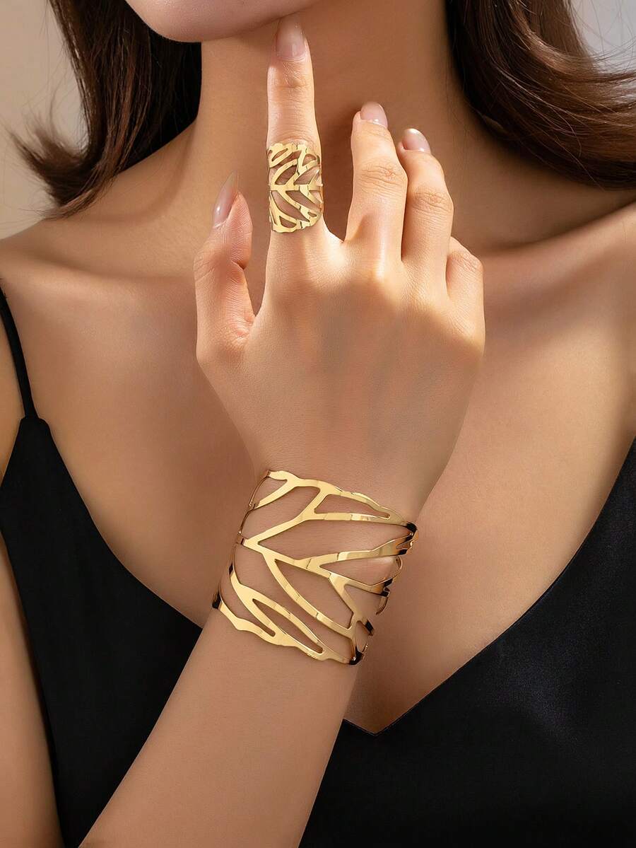 2pcs Fashionable & Elegant Minimalist Metal Hollow Leaf Design Adjustable Bracelet & Ring Jewelry Set For Women - Yellow Gold - View 1