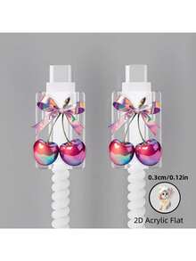 2D 平面，2 个樱桃图案数据线保护套，防刮 Type-C/手机充电器数据线保护套，时尚耐用，手机数据线保护器，设计新颖，坚固塑料材质 - 彩色 - 查看 2