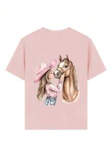 Young Girl Casual Funny Print Crew Neck Short Sleeve T-Shirt, Summer Top - Pink - View 9
