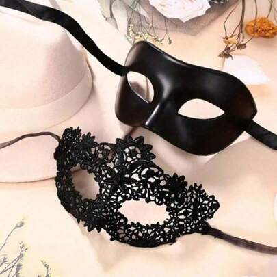 2 czarne koronkowe maski dla par - eleganckie plastikowe maski weneckie, idealne na bal maskowy, Halloween i imprezy, dodatki na imprezę