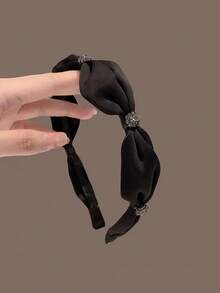 优雅缎面拼接发箍，法式复古细带百搭发饰 - 黑色 - 查看 1