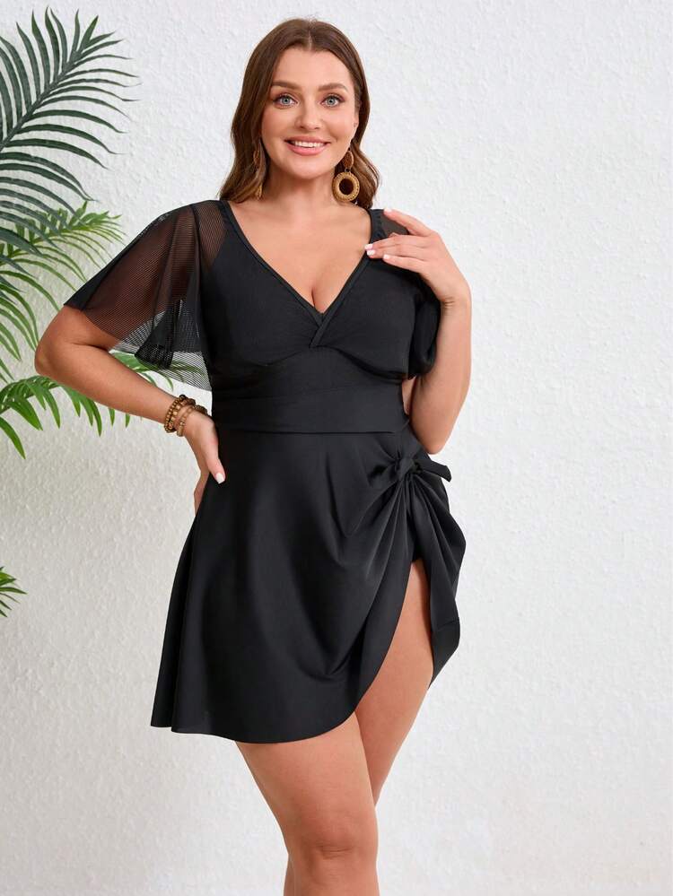 Vetacats 大码黑色系带连体泳衣，V 领荷叶袖网纱拼接泳装套装，收腹提臀，全包臀两件式复古泳装 - 黑色 - 查看 3