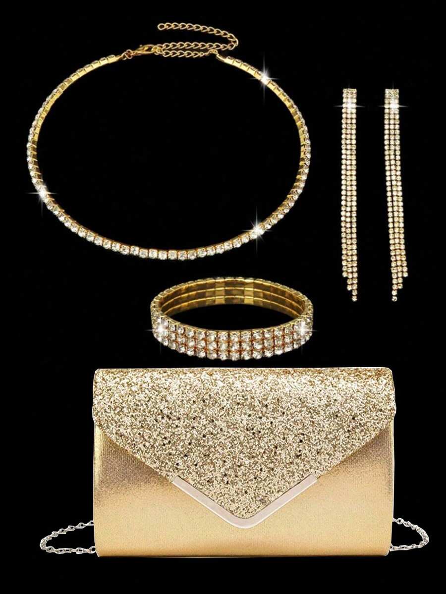 4件套女士时尚百搭优雅亮片手拿包、链条单肩包、派对包、奢华水晶项链、耳环、手链首饰套装 - 金色 - 查看 1