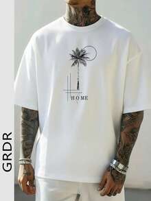 GRDR Men's Round Neck Fashionable English Slogan Palm Tree Funny Element Print Short Sleeve T-Shirt, Casual & - White - View 1