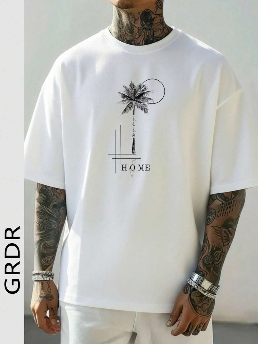 GRDR Men's Round Neck Fashionable English Slogan Palm Tree Funny Element Print Short Sleeve T-Shirt, Casual & - White - View 1