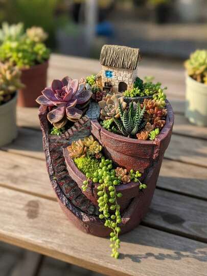 1pc Weather-Resistant Rustic French Countryside Resin Flower Pot With Mini House Figurine For Indoor & Outdoor Use, Ideal For Cacti & Succulent Plants, Multi-Component Planter