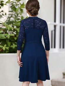 青少年女孩优雅蕾丝拼接 3/4 袖派对连衣裙 - 藏蓝色 - 查看 2