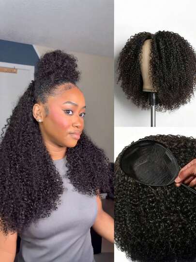 CEXXY 28 30inch Kinky Curly Half Wig Human Hair With Drawstring For Women 200% Density 3 In 1 Half Wig Human Hair 26 Inch Spiral Curly Wear And Go Wigs ,Natural Color,Quick Install,Beginners Friendly
