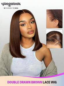 MEGALOOK 13x6 三股™蕾丝前置真人发假发，巧克力棕色，无胶直发波波头假发，带抽绳，200%密度，预漂白发结，自然拔毛发际线，双层拉直真人发，女士直发波波头假发 - S4 - 查看 1