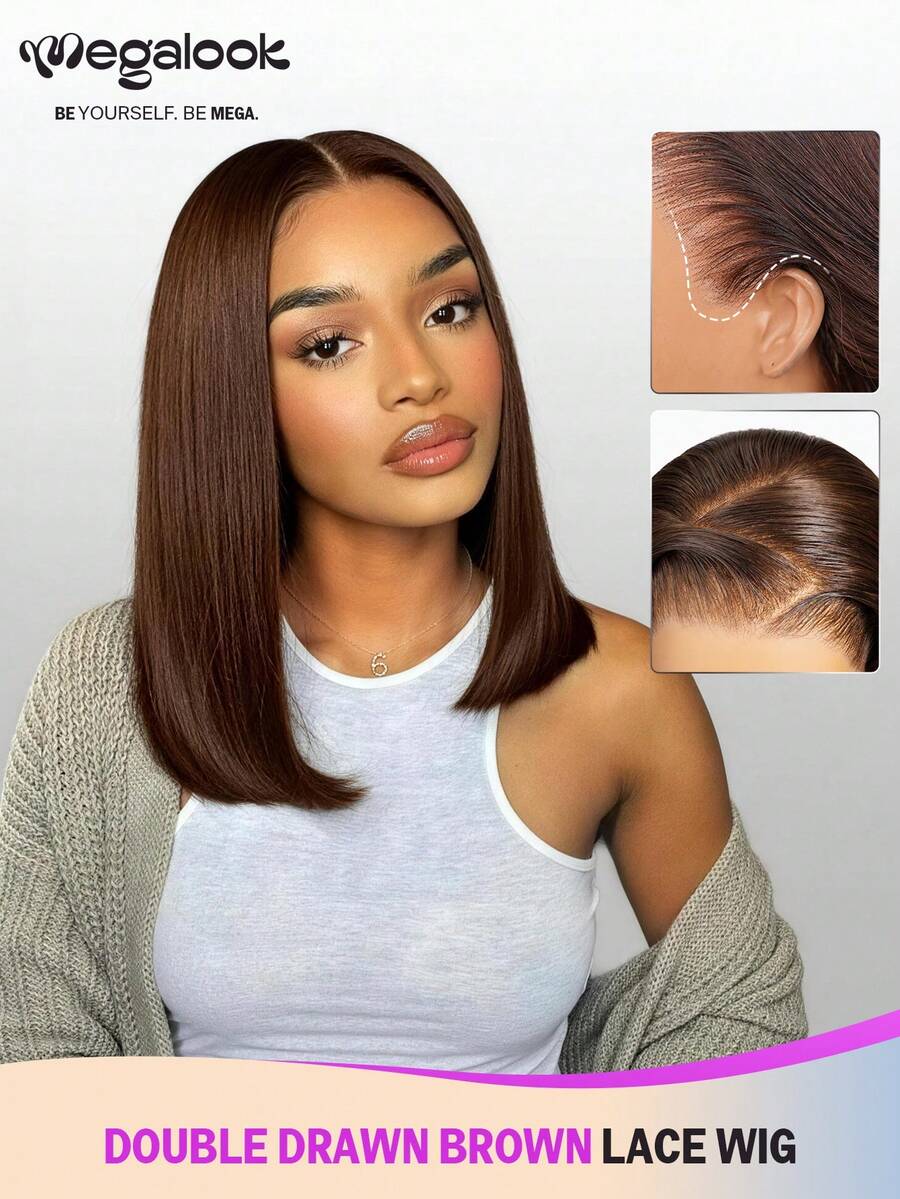 MEGALOOK 13x6 三股™蕾丝前置真人发假发，巧克力棕色，无胶直发波波头假发，带抽绳，200%密度，预漂白发结，自然拔毛发际线，双层拉直真人发，女士直发波波头假发 - S4 - 查看 1
