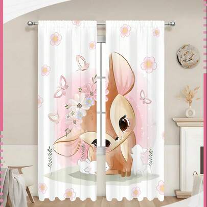 2PCS 110G Cute Cartoon Deer Pole Curtain Blackout Curtains Outdoor Indoor Curtains Room Darkening Window Drapes Thermal Insulated For Bedroom Living Room For Balcony Easy To Hang Modern Style 100% Polyester