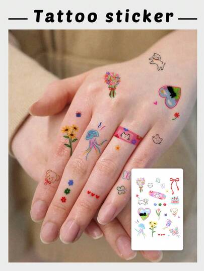1pc Fashionable Waterproof Cartoon Colorful Temporary Tattoo Sticker, Cute Animals & Flowers Design, Suitable For People, Long-Lasting For Finger, Hand & Back