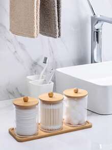 3 PiecesCotton Swab Box Set - Vanity Organizer Set, Includes Cotton Ball Box, Dental Floss Picks, Cotton Swab Dispenser Set, Tray, And Pill Dispenser With Lid. - View 7