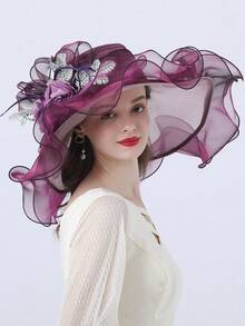 HIMESPORT Elegant Floral Wedding Bridal Fascinator Hat - Wide Brim Sheer Organza Headpiece For Church Ceremonies, Spring Races & Kentucky Derby 2026 - Women's Fashionable Dressy Occasion Caps - A - View 19