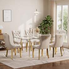 Baysitone 51" Glass Dining Table Set For 4 4 Piece Modern Dining Room Set Rectangular Glass Kitchen Table With 2 Upholstered Velvet Chairs And Dining Bench BlackandSilver - 米色和金色 - 查看 1