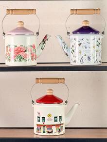 Vintage European Style + Architectural Painting Pattern/Bicolor Blue Lid + Cylindrical Body Shape + Wooden Heat-Resistant Handle + Even Heat Conduction/Large Capacity Water Storage + Retro Architectural Style Kettle + Suitable For Family Gatherings & Festivals, Afternoon Tea Preparation, Daily Kitchen Cooking - View 7