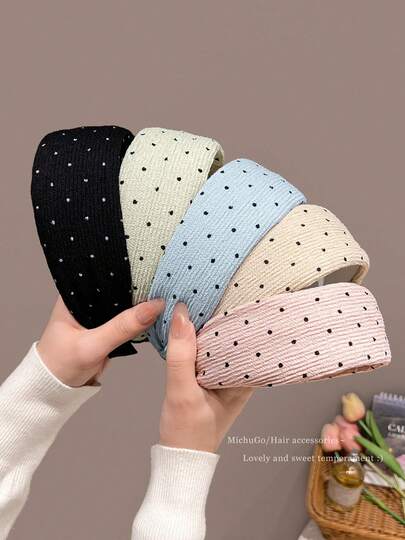 1pc Wide-Brimmed Knitted Polka Dot Headband, Versatile Candy Color Crown Top Hair Clip