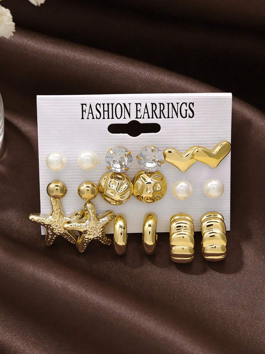 9 Pairs Fashion Gold Tone Earring Set, Minimalist Heart & Starfish Design Thick Earrings, Paired With Pearl & Crystal Stud Earrings, Versatile Jewelry For Work, Date, Night Out, Beach And More - Gold - View 1