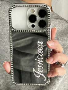 [Customized] Personalized Rhinestone Name Makeup Mirror Phone Case Compatible With IPhone 17 16 15 14 Plus 13 12 11 Pro Max 17Air, Shockproof Protective Back Cover - Silver - View 3