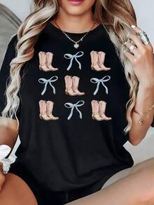 Botas vaqueras rosadas con lazos celestes que evocan libertad rural y encanto femenino en perfecta armonía con un toque moderno camiseta de mujer casual 220g - Negro - Ver 8