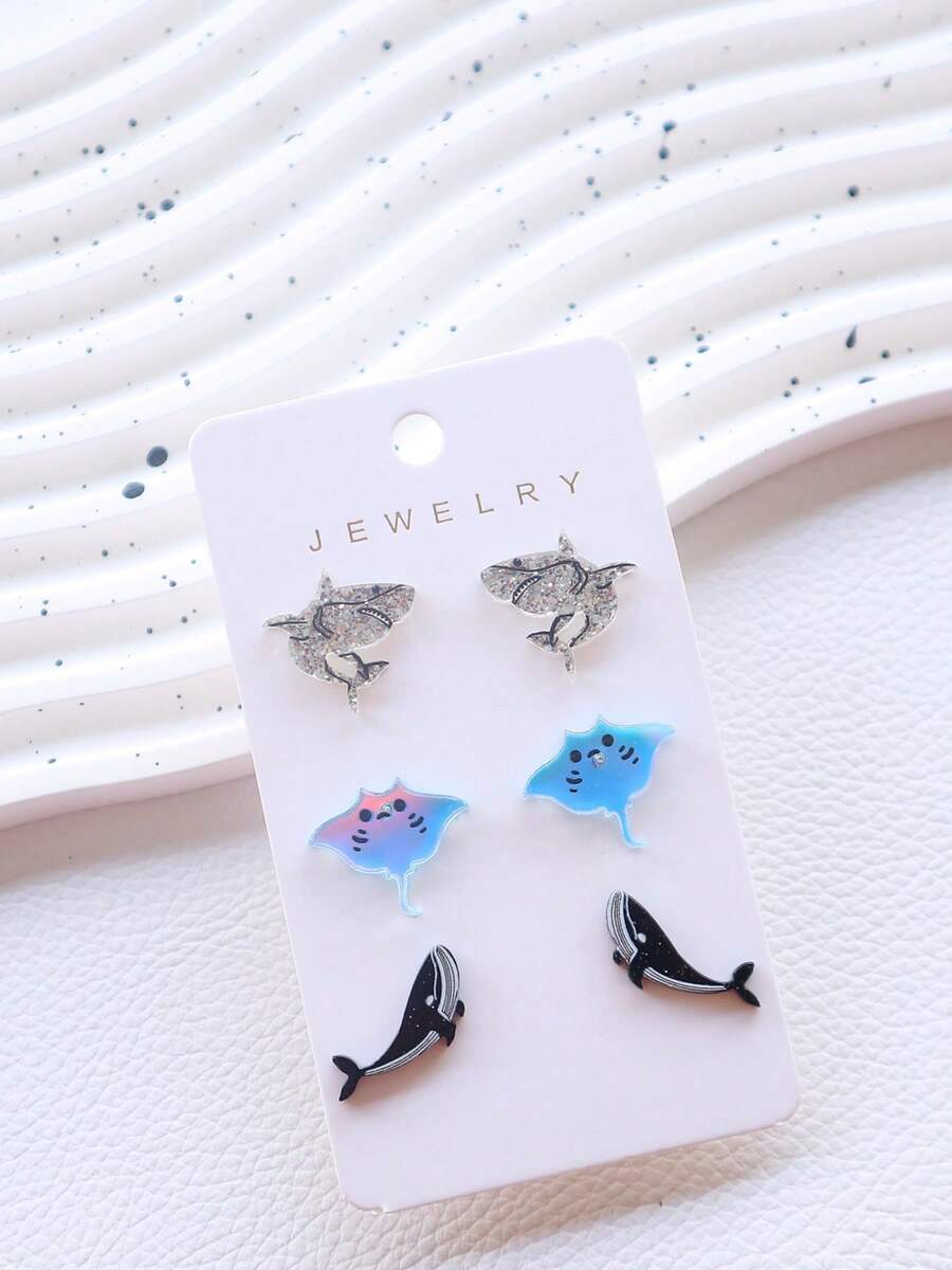 3 Pairs/Set Bling Bling Ocean Style Cute Animal Acrylic Stud Earrings Set, Shark, Manta Ray, Whale, Adorable & Fun Earrings, Holiday Gift - Alien Three-piece Set - View 1