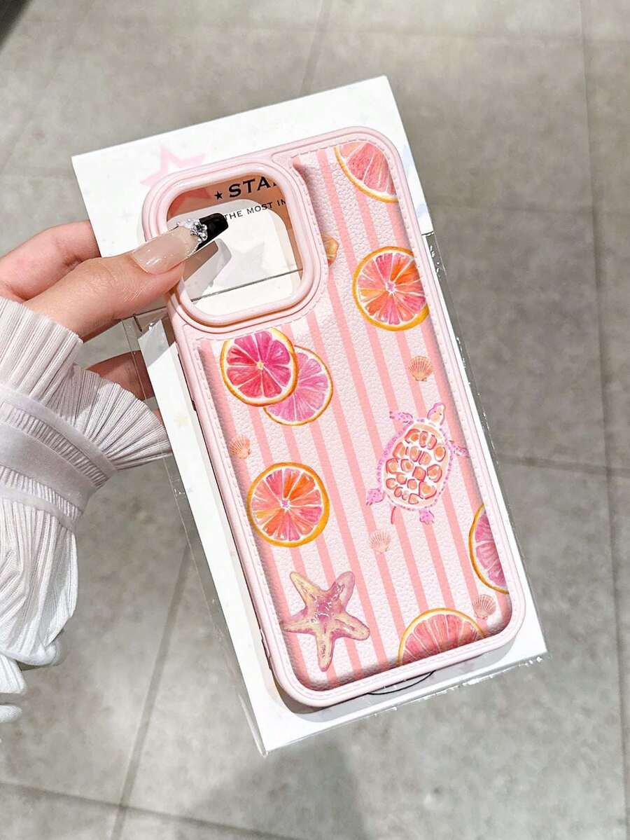 条纹葡萄柚海龟图案防摔纹理粉色手机壳，适用于 17/16 Pro Max、14/13、16/12、11 Pro Max、XS Max、X、XR、8、7、14 Plus，可作为生日礼物、送给女朋友、男朋友或自用。 - 粉色 - 查看 1