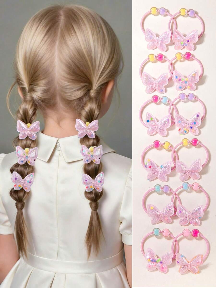 12pcs/Set Girls Pink Bow Hair Ties, Minimalist Practical High Elastic Hair Bands, Hair Accessories Gift, Daily Use - Multicolor - View 1