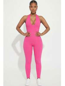 Women's Rib Knit Halter V-Neck Bodycon Jumpsuit - Casual Solid Color, Slim Fit Summer Jumpsuit, Polyester, Machine Washable - Berry - View 1