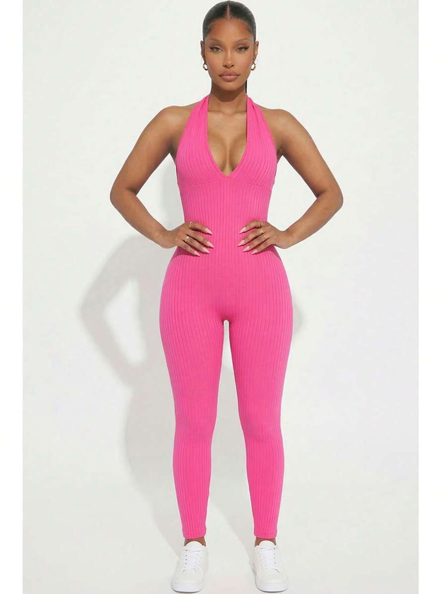 Women's Rib Knit Halter V-Neck Bodycon Jumpsuit - Casual Solid Color, Slim Fit Summer Jumpsuit, Polyester, Machine Washable - Berry - View 1