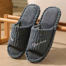 新款时尚条纹刺绣露趾拖鞋，舒适静音泡沫一脚蹬情侣拖鞋 - 男款拖鞋 - 查看 4