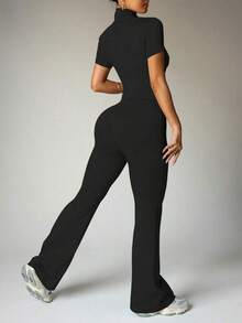 Women's Yoga Workout Set: Short Sleeve Zip-Up Jacket And High-Waisted Flare Pants - Moisture-Wicking, 4-Way Stretch, Suitable For Yoga, Pilates, Gym Workouts (Multiple Colors/Sizes Available) - 墨綠色 - 查看 8