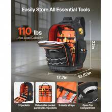 Werkzeugrucksack mit Rollen, 50 kg Tragkraft, 72 Taschen, Werkzeugtasche, verstellbarer Teleskopgriff & stabile Basis, Arbeitsrucksack-Organizer für Bau & Mechanik, 450x275x560 mm - 38,1 cm (15 Zoll), 1680D Oxford-Gewebe - Übersicht 2