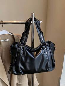 1pc Vintage Large Capacity Tote Bag, Vintage PU Crossbody Sling Bag, Women Casual Handbag And Wallet Set, Tote Bags For School,College Essentials, Street & Japanese Bag For Women New Fashionable Big Bags For Women, New Arrival Tote Bags For Woman , Office Bag , Y2k - 黑色 - 查看 7