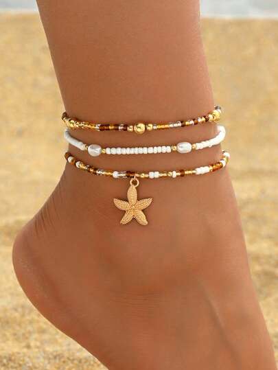 3pcs/Set Fashionable Minimalist Glass Bead Anklet, Ocean Style Starfish Pendant, Versatile Foot Jewelry For Daily Wear, Beach Party, Date, Music Festival. The Glass Bead Colors Are Random.