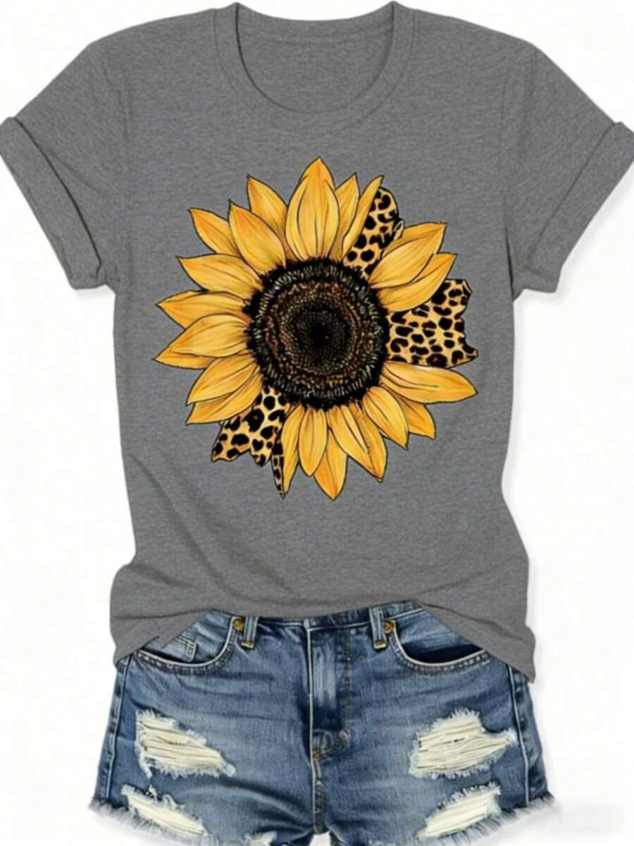 Oversize 2026 Sunflower Leopard Print Women's Summer Black Round Neck Short Sleeve T-Shirt, Breathable Casual Short Sleeve T-Shirt Sunflower Leopard Print Design Women's Classic Black Round Neck T-Shirt, Suitable For Home/Outdoor/Travel Black T-Shirt With Sunflower Leopard Print - 預設圖3 - 查看 1