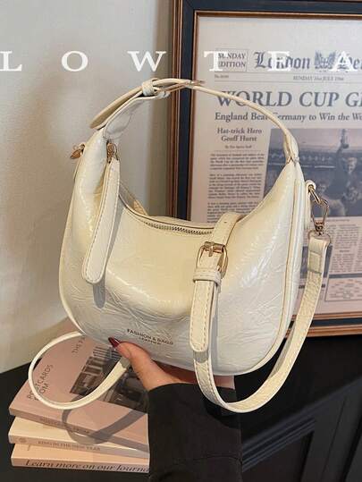  1pc Low Tea Women Retro Crescent Handbag, PU Material, Top Handle Design, Zipper Closure, Detachable & Adjustable Shoulder Strap, Suitable For Travel, Shopping, Dating, Women's Gift, Great For Commuting, Outdoor, Travel, Outing