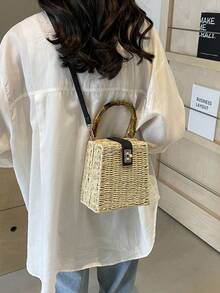 Summer Holiday Handmade Woven Bag, Straw Bamboo Handle Tote Bag For Women, Gift Box Set, Crossbody Bag, Souvenir Gift - Beige - View 6