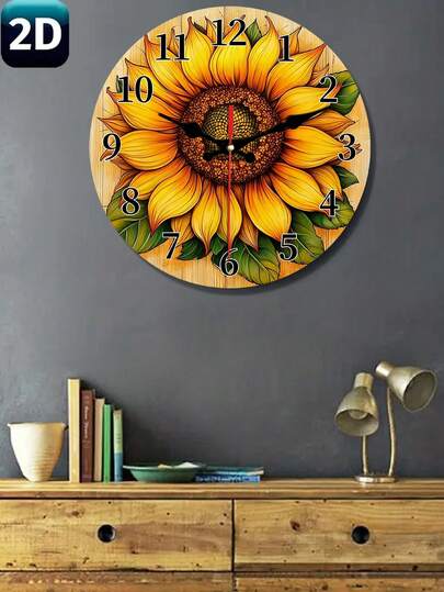 这款质朴的木质挂钟采用向日葵图案设计，风格乡村风，静音设计，并带有木纹背景。它适用于客厅、卧室、厨房、办公室等场所，是一款现代家居艺术装饰品。它也是圣诞节和新年装饰品，以及理想的生日礼物。
