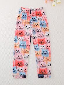 Set de 2 piezas de pijama informal para niñas con estampado de gato en el cuello y manga larga, y pantalones. Resistente a las llamas, para todas las estaciones - Multicolor - Ver 8